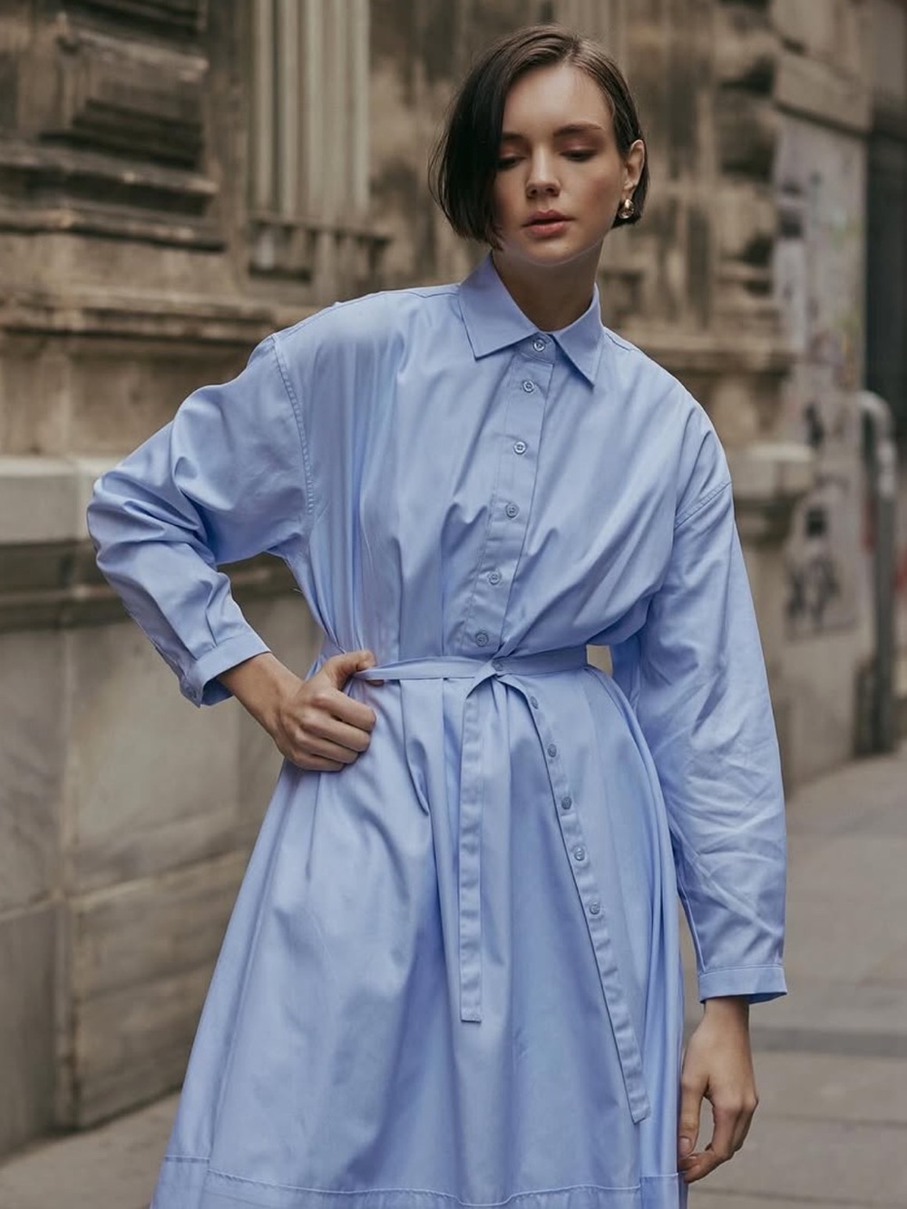 Cotton Shirt Dress in Light Blue - Picture 4 of 13